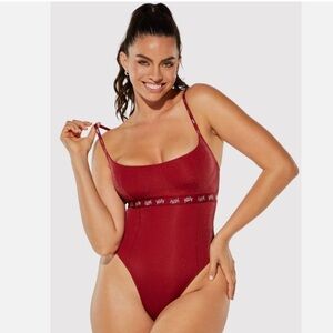 NWT Yitty Glitter Thong Back Bodysuit in Red - Size Large